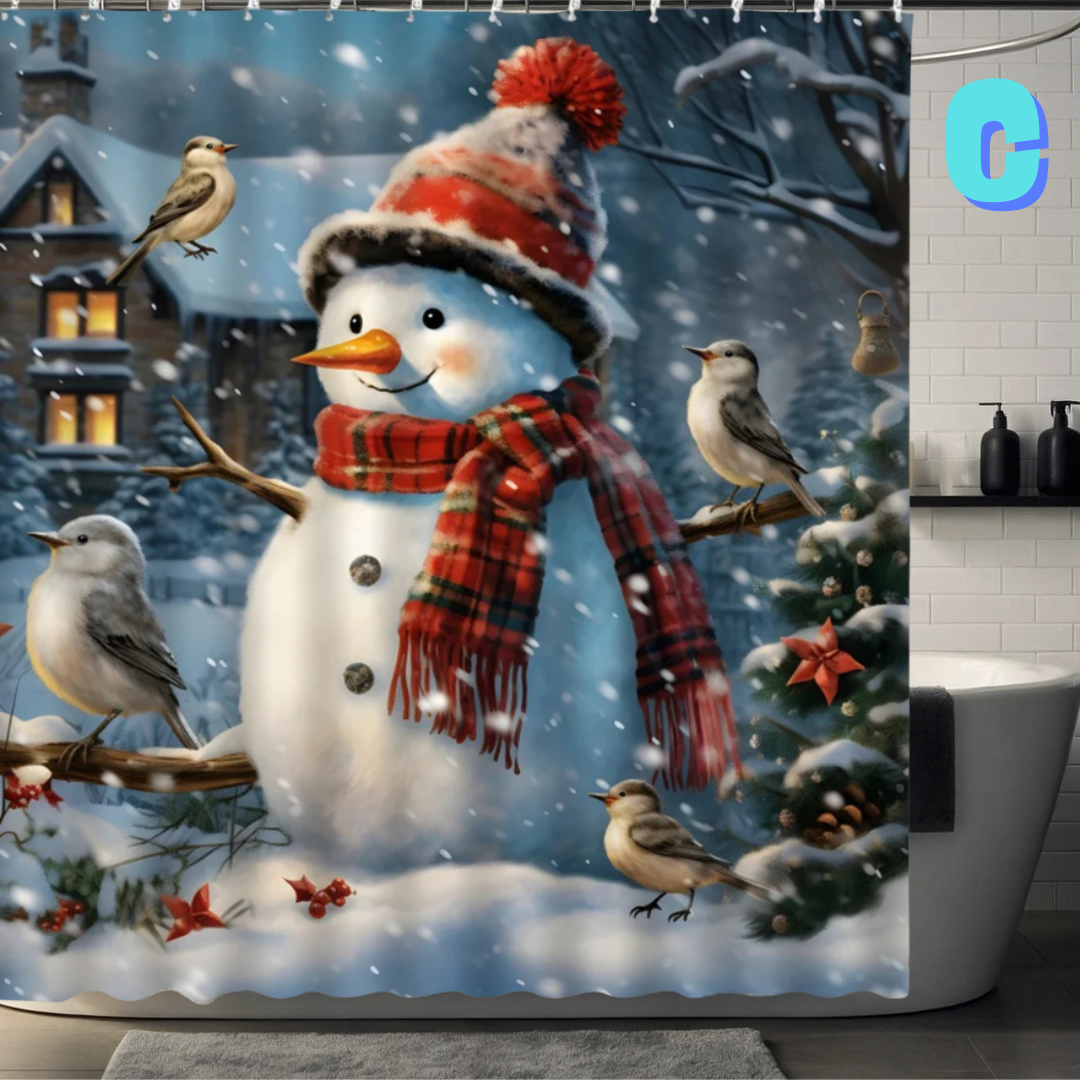 snowman christmas shower curtain with birds