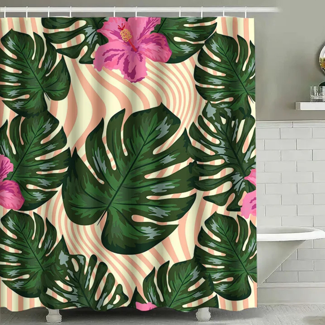 Striped Monstera Shower Curtain