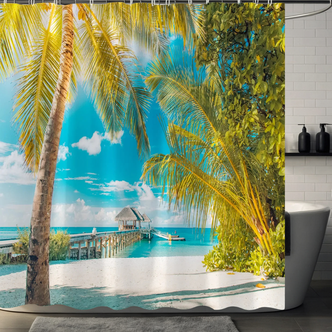 Sunny Beach Palm Tree Shower Curtain