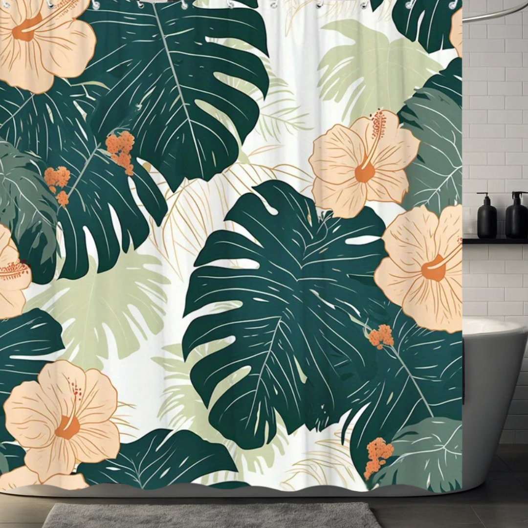 Tropical Hibiscus Monstera Shower Curtain
