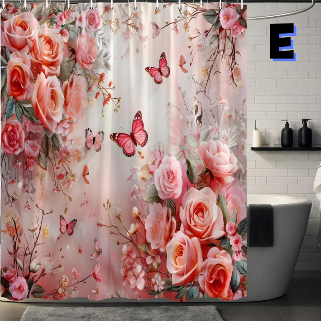 PINK Vibrant Floral Shower Curtain AND BUTTERFLIES