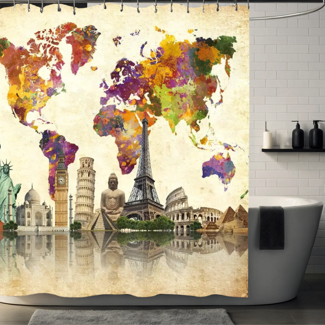 Vintage Landmarks World Map Shower Curtain