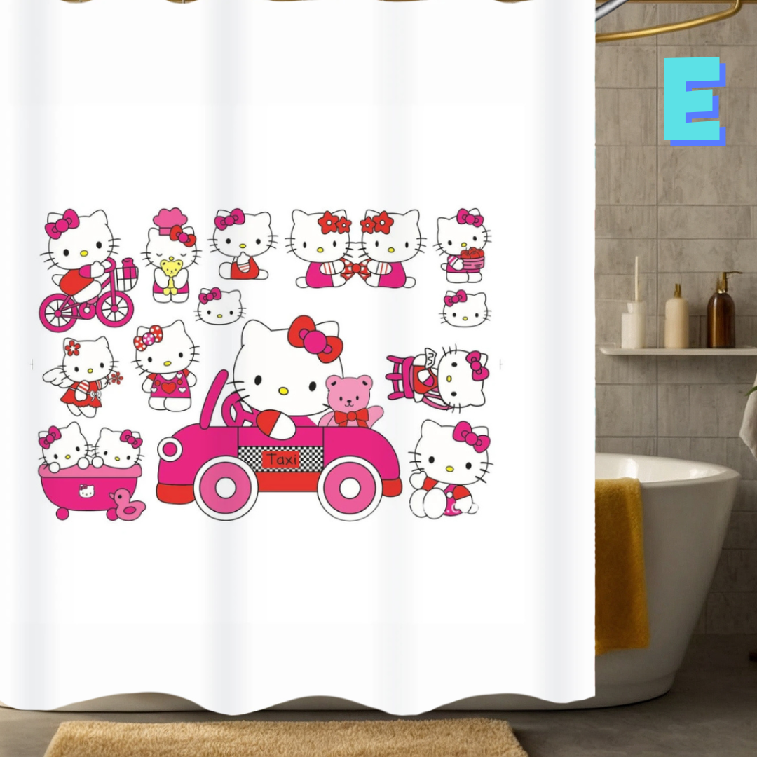 White Hello Kitty Shower Curtain WITH CAR