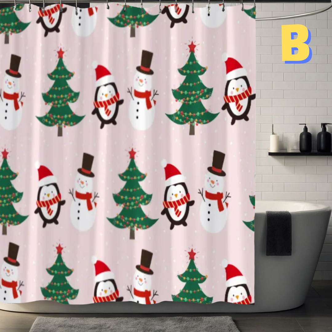 green christmas tree shower curtain with snowman