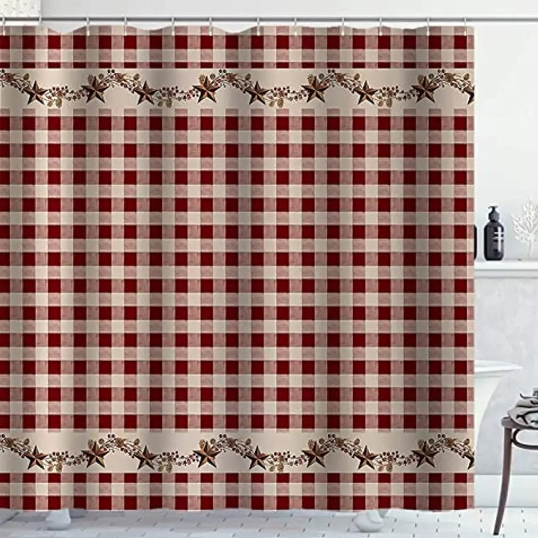 red farmhouse shower curtain