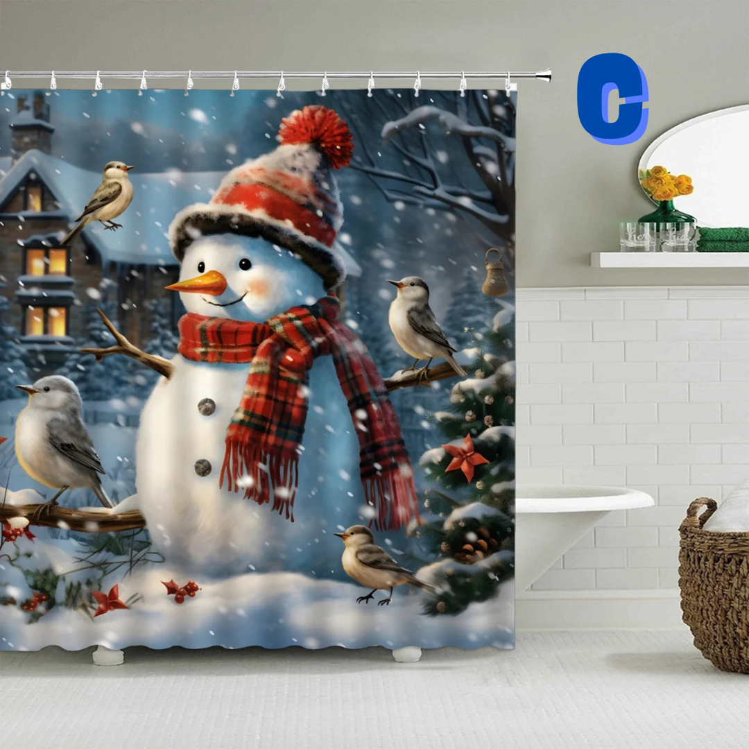 snowman christmas shower curtain with birds